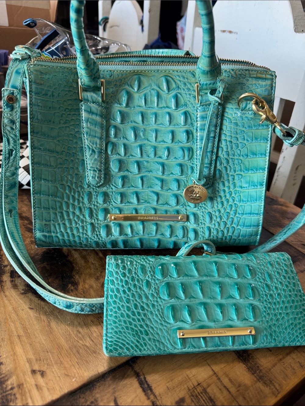 Brahmin Turquoise Croc-Embossed Satchel with Matching Wallet